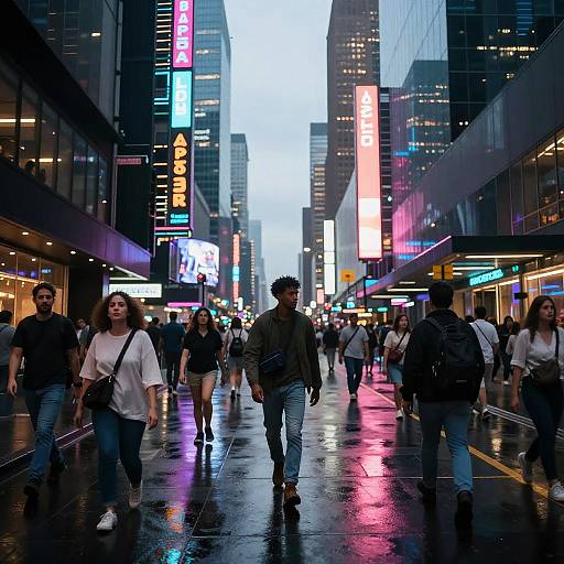 Photograph of a bustling, rainy city street at dusk, with colorful neon signs, diverse pedestrians, wet reflective pavement, and tall skyscrapers in