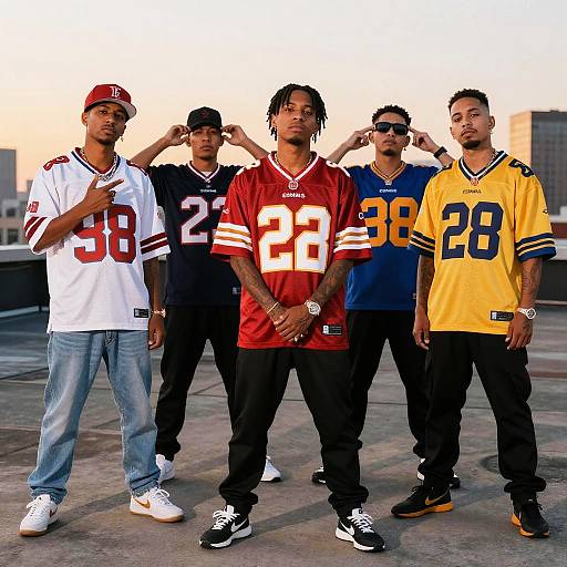 Photograph of five Black men standing on a rooftop, wearing NFL jerseys (white, red, blue, blue, yellow) with sunglasses and jeans,