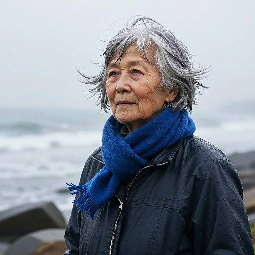 Elderly Woman in Blue Scarf by Foggy Seaside