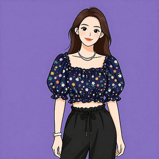 Digital illustration of a smiling woman with long brown hair, wearing a blue star-patterned crop top, black pants, and a pearl necklace, against a