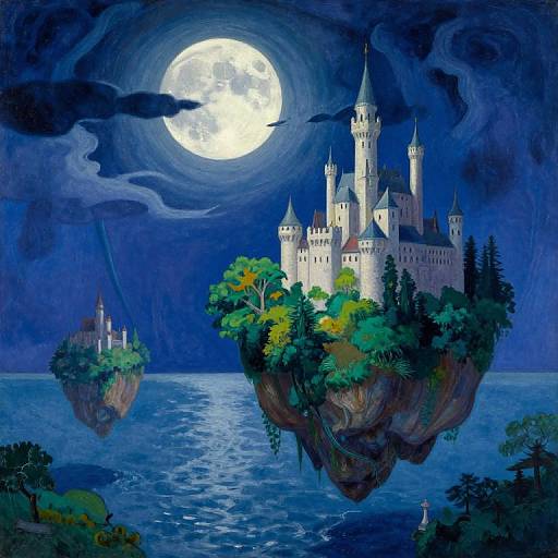 Fantastical digital painting of a moonlit sea with two floating, castle-topped islands, surrounded by dark, swirling clouds and shimmering blue water