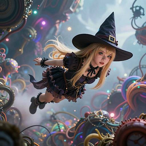 Digital illustration of a young blonde girl in a black witch hat and frilled dress, flying through a vibrant, steampunk-style, colorful mechanical landscape