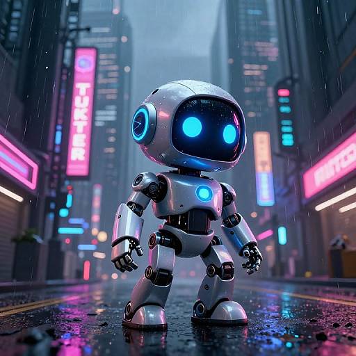 CGI image of a glowing blue-eyed robotic child in a neon-lit, rainy urban street, standing amidst vibrant neon signs.