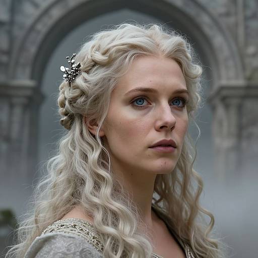 Photorealistic digital portrait of a fair-skinned, blue-eyed blonde woman with wavy hair and a braided crown, wearing a medieval-style dress
