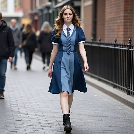 Photograph of a young woman with long brown hair walking on a cobblestone street, wearing a navy and gray pleated dress with white collar,