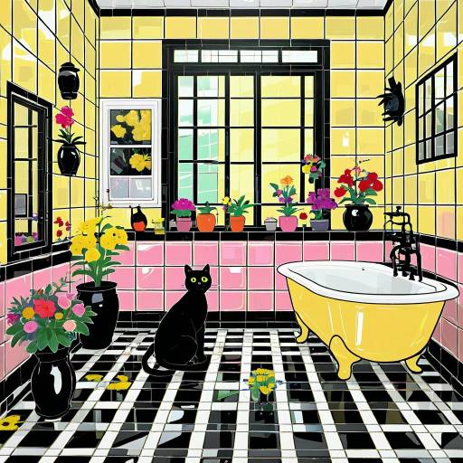 Colorful Bathroom with Cat and Flowers
