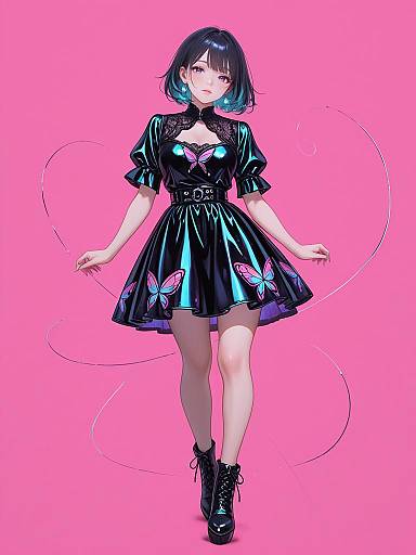 Woman in Black Faux-Leather Dress with Butterfly Print