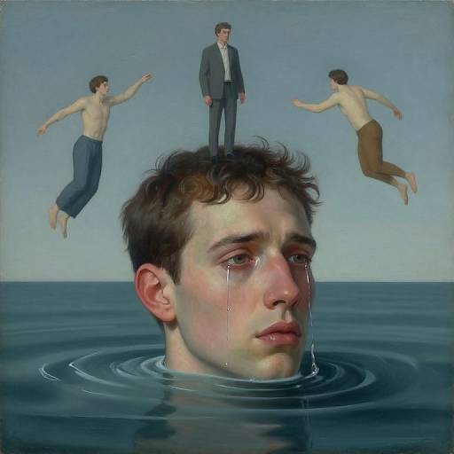 Surreal painting: Teary-eyed young man's head in water, three shirtless men in suits jumping above, one standing on his head.