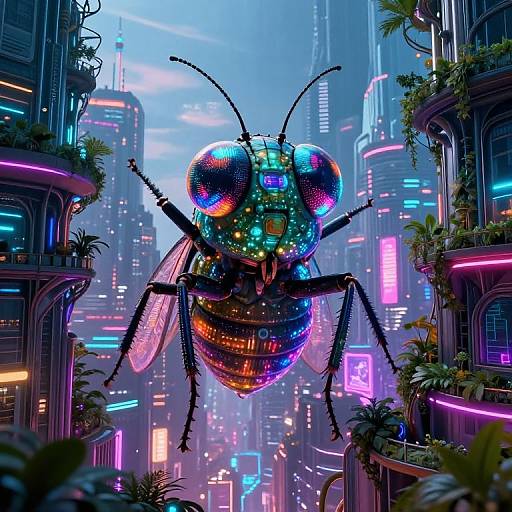 Digital art of a neon-lit, futuristic cityscape featuring a giant, iridescent, robotic insect with glowing multicolored eyes and wings,