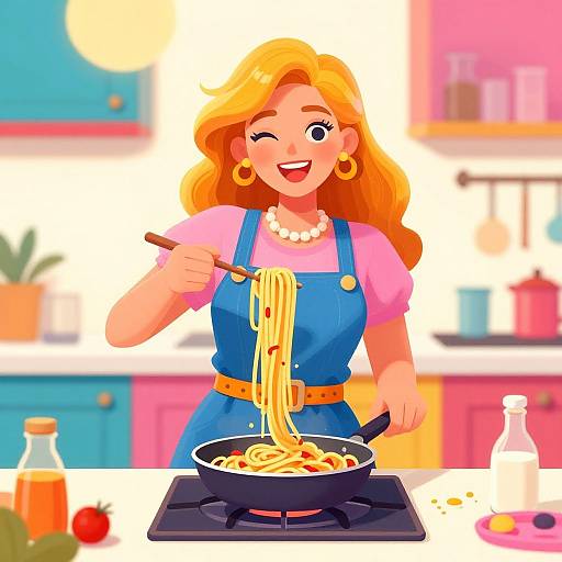 Colorful digital illustration of a smiling blonde woman in a blue apron, stirring spaghetti in a pan, in a bright, cheerful kitchen.