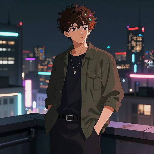 Anime-style digital drawing of a curly-haired, young man in a black shirt and green jacket, standing on a rooftop at night, cityscape with neon