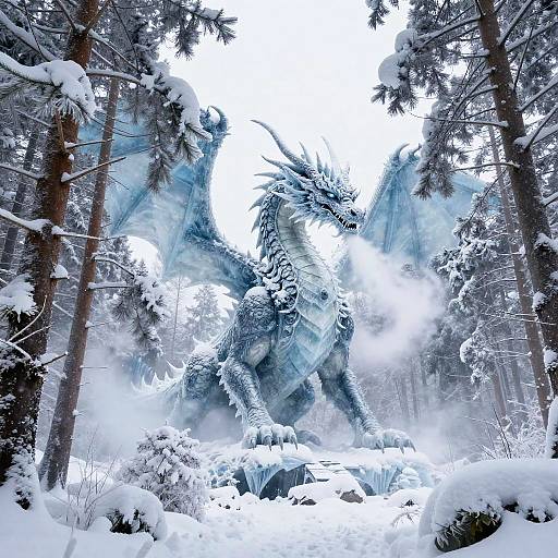 Majestic Ice Dragon Over Snowy Forest