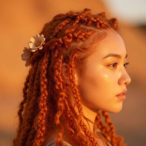 Photograph of a young woman with orange-brown braided hair, a white flower in her hair, profile view, warm orange sunlight, softly blurred