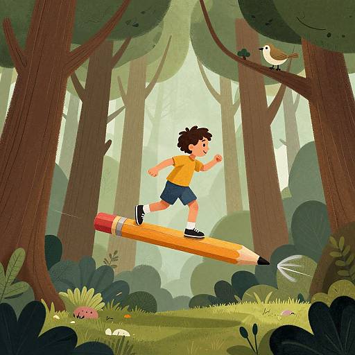 Illustration of a young boy with curly hair, yellow shirt, and blue shorts, running on a giant pencil in a vibrant forest, with a bird