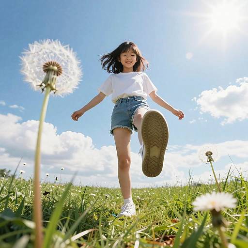 Realistic Girl in Nature with Dandelions