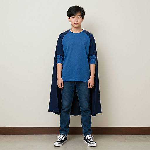 Photograph of an Asian man with short black hair, wearing a blue long-sleeve shirt, dark blue jeans, black-and-white sneakers, and