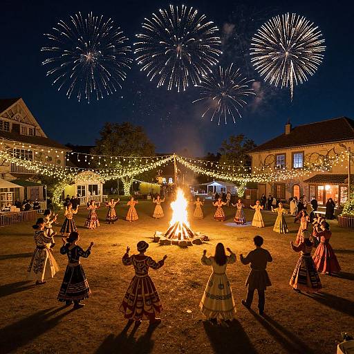 Photograph of a nighttime festival with a bonfire, surrounded by people in colorful 19th-century dresses, string lights, and fireworks.