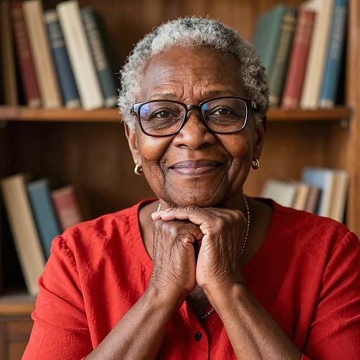 Photograph of an elderly Black woman with short gray curly hair, wearing black glasses, red button-up shirt, and gold earrings, smiling with hands under