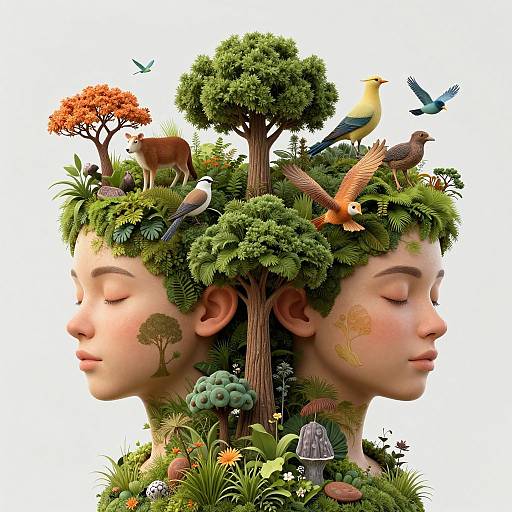 Digital artwork of two serene, side-by-side, fair-skinned faces with closed eyes, adorned with lush greenery, trees, birds, and animals