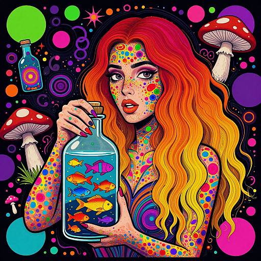 Vibrant digital artwork of a red-orange-haired woman with colorful face paint, holding a bottle with colorful fish, surrounded by neon circles, mushrooms,