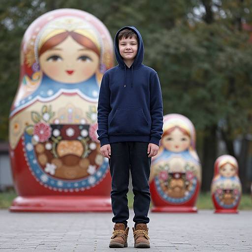 Smiling Boy with Russian Nesting Dolls