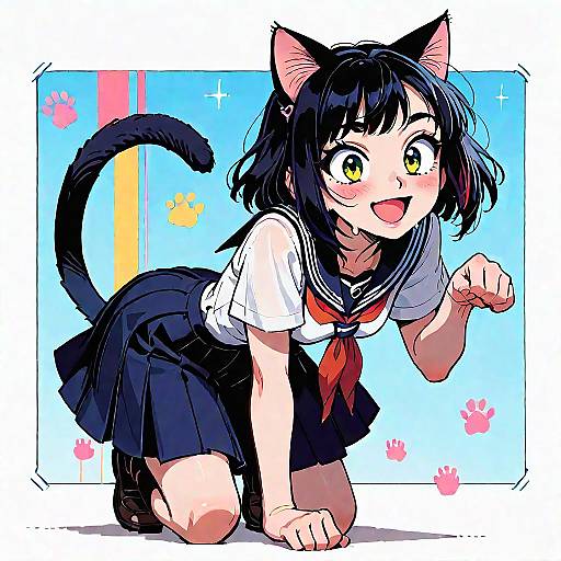 Anime Girl with Cat Ears in School Uniform