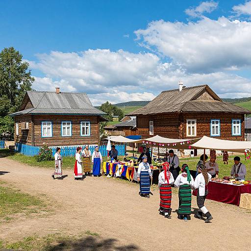 Photograph of a vibrant outdoor market in a rural village with wooden houses, colorful striped traditional dresses, stalls under white umbrellas, and a bright blue