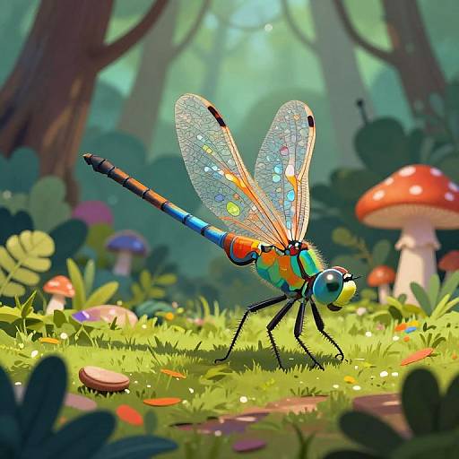 Whimsical Colorful Dragonfly in Forest