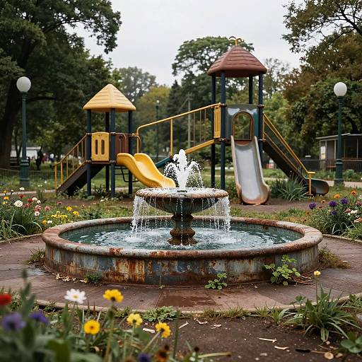 Photograph of a park with a central circular fountain, surrounded by colorful flowers, yellow and orange slides, and a wooden play structure, set against a
