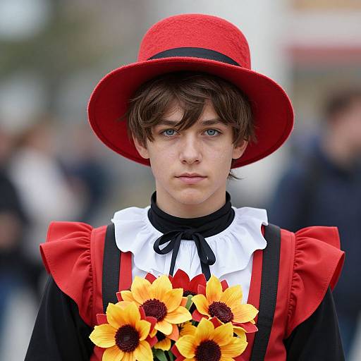 Photograph of a young man with fair skin and brown hair, wearing a red hat, black and red outfit, white ruffled collar, and sun