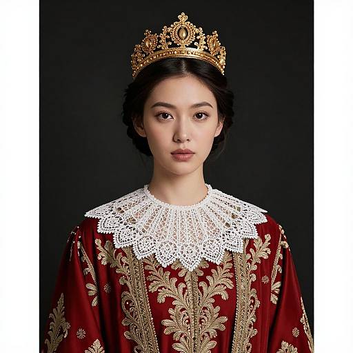 Photograph of an East Asian woman with fair skin, dark hair in a bun, wearing a gold crown and ornate red and gold robe with white