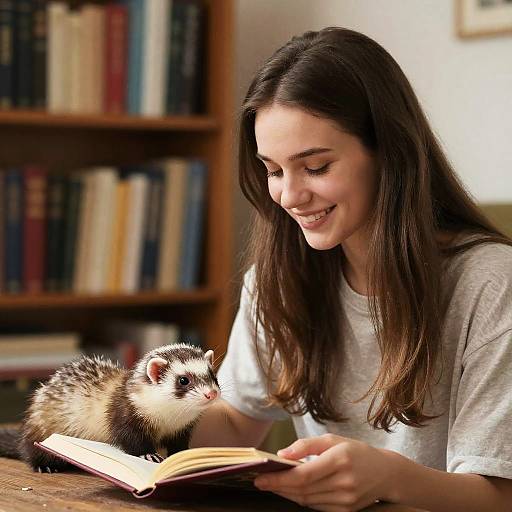 Woman Reading to Ferrets in Cozy Room