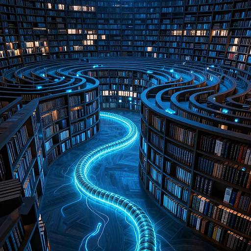 Photograph of a futuristic library with blue neon light tracing a winding path through towering shelves of illuminated books.