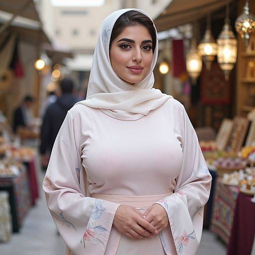 Photograph of a young woman with medium-dark skin, brown eyes, and dark hair, wearing a white floral-patterned hijab and long-slee
