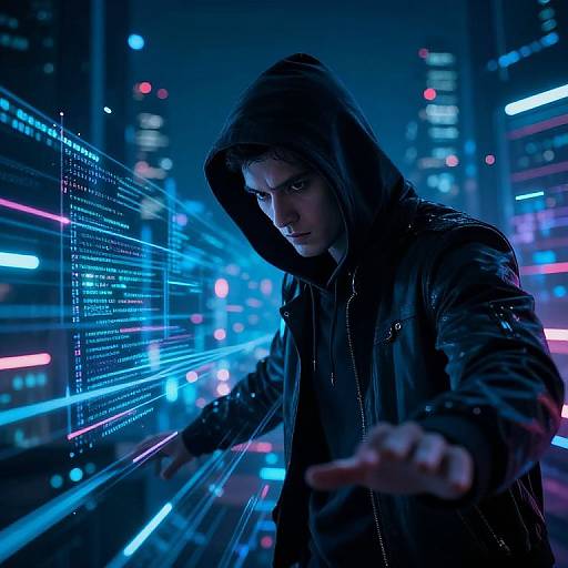Futuristic Hacker in Neon Cyber Network
