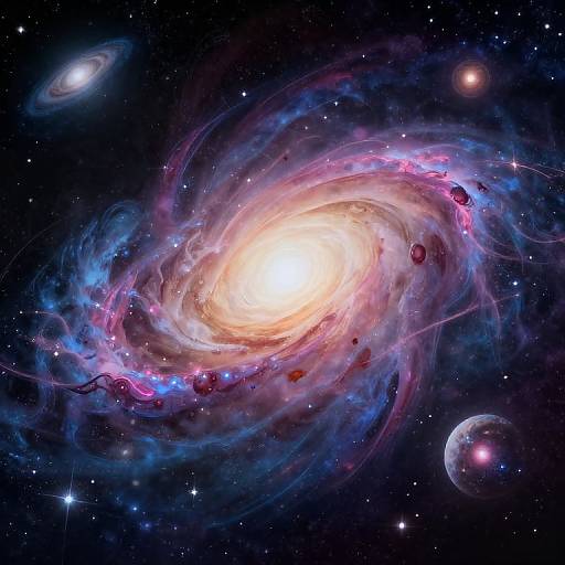 Digital artwork of a vibrant, glowing spiral galaxy with swirling blue, pink, and purple nebulae, surrounded by stars, planets, and distant galaxies