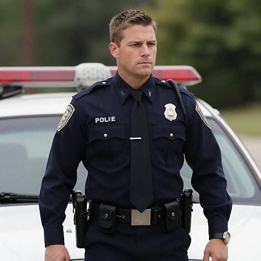 Serious Police Officer by Patrol Car