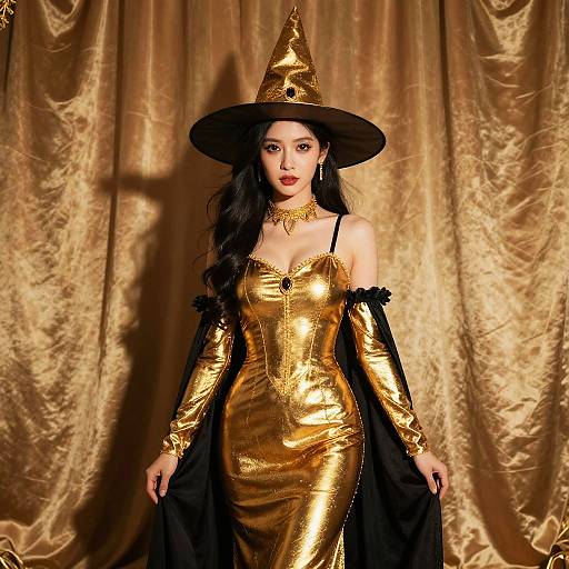 Gold Witch Costume by Curtain