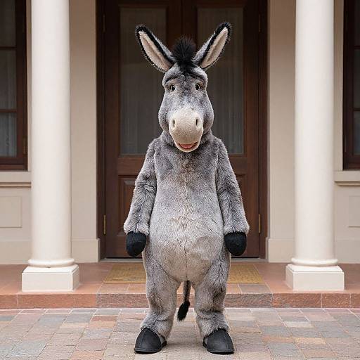 Photograph of a full-body gray donkey costume with black ears, paws, and feet, standing on a tiled porch in front of a wooden