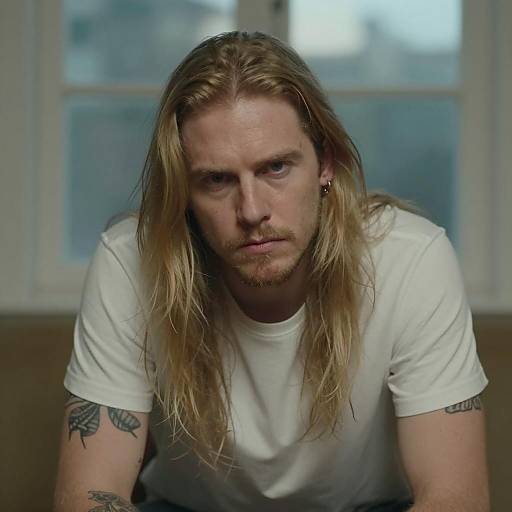 Serious Man with Blonde Hair and Tattoos