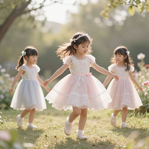 Photograph of three young Asian girls in white and pink dresses, holding hands, dancing in a sunlit, blooming garden.
