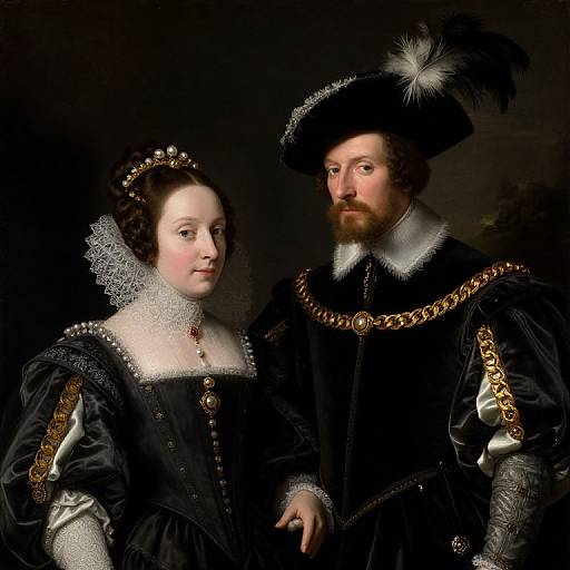 Renaissance portrait of a noble couple in black velvet attire with lace collars, gold chains, and feathered hats, dark background.