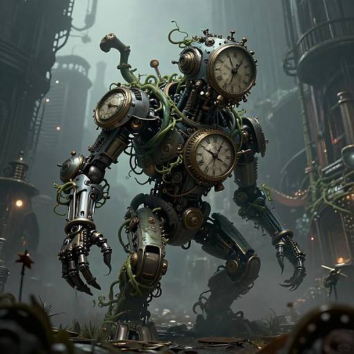 Steampunk clockwork creature with multiple clock faces, green vines, and metallic claws, standing in a foggy, industrial, sci-fi cityscape