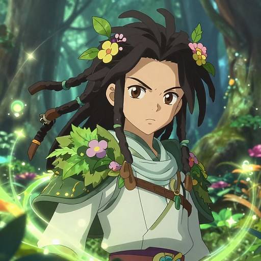 Anime Boy with Dreadlocks in Magical Forest