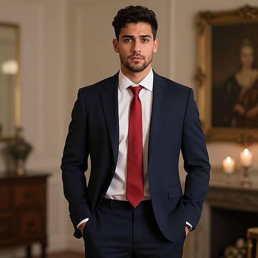 Photograph of a handsome, dark-haired man with a trimmed beard, wearing a navy suit, white shirt, and red tie, standing confidently in an