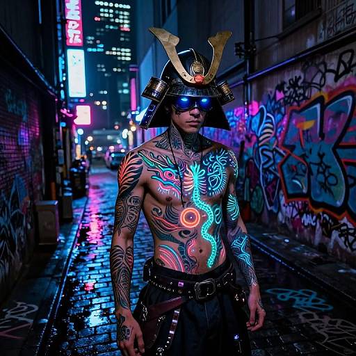Neon-lit, tattooed, shirtless man with samurai helmet and glowing tattoos walks wet, graffiti-covered alley at night in cyberpunk photograph