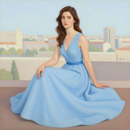 Photograph of a fair-skinned woman with long brown hair, wearing a light blue, sleeveless V-neck gown with a belted waist, seated