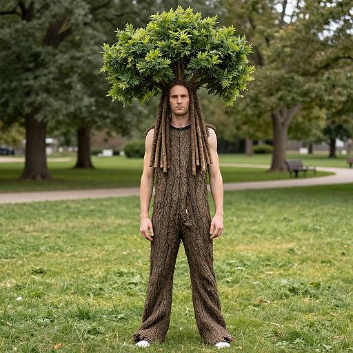 Photograph of a man in a brown, textured onesie with dreadlocks for hair, wearing white sneakers, standing in a park with a large,