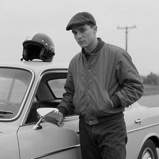 Young man with vintage racing jacket beside classic Chevrolet