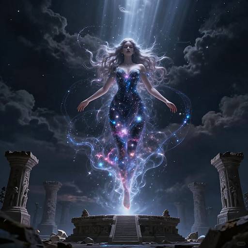 Digital fantasy artwork of a glowing, ethereal woman with long white hair, wearing a starry, cosmic dress, descending from a radiant sky onto an